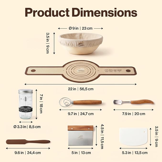 EDELHAUS Banneton Proofing Basket Complete Set Round – Complete Sourdough Bread Baking Kit with Banneton Basket, Dough Tools, Sourdough Starter Jar, Bread Lame, Bench Scraper & Baking Mats