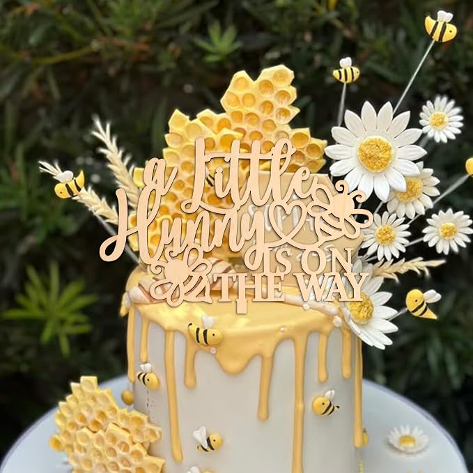 ZAIBIANHAO A Little Hunny Is On The Way Cake Topper - Bee Theme Cake Decorations,Wooden Cake Topper for Baby Shower Party Supplies,Gender Reveal Photo Props
