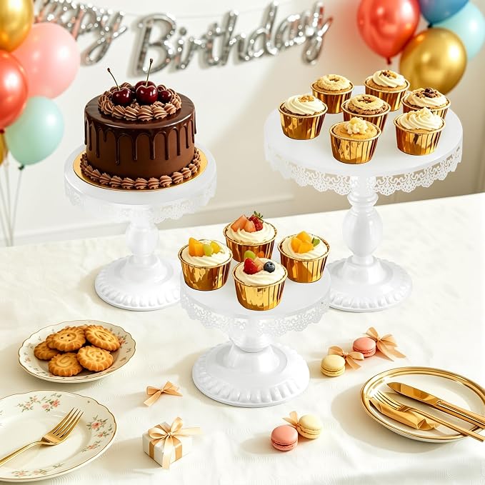 3 PCS White Cake Stands (8"&10"&12" Plate), Cupcake Stand with a lace Hollow Border Metal Cake Stand Set for Birthday Party, Wedding, Anniversary, Baby Shower