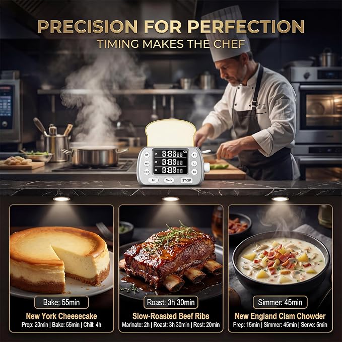 Digital Kitchen Timer for Cooking - 3-Channel Magnetic Countdown Timers with Memory Preset for Baking, Toaster, Eggs Includes Memo Notes (Silver)