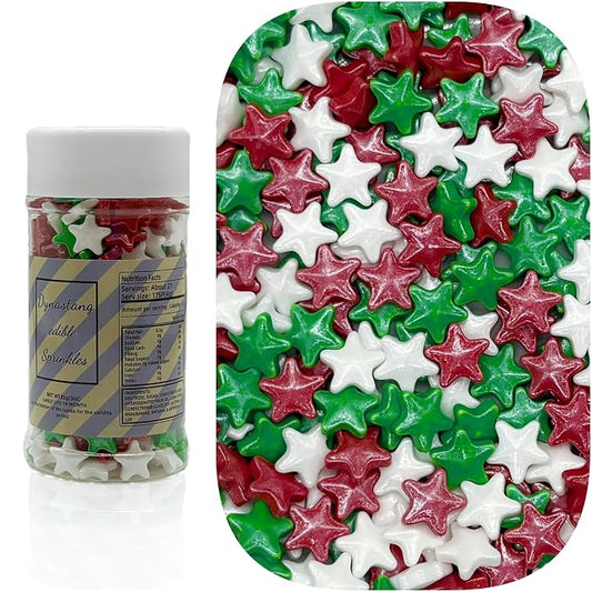 Dynastang 10mm Red & Green & White Stars Sprinkles Edible Stars Cake Decorating Stars Cake Decorations Cupcake Toppers Cookie Decorating Perfect for Cakes, Cupcakes, Desserts Toppings 3OZ