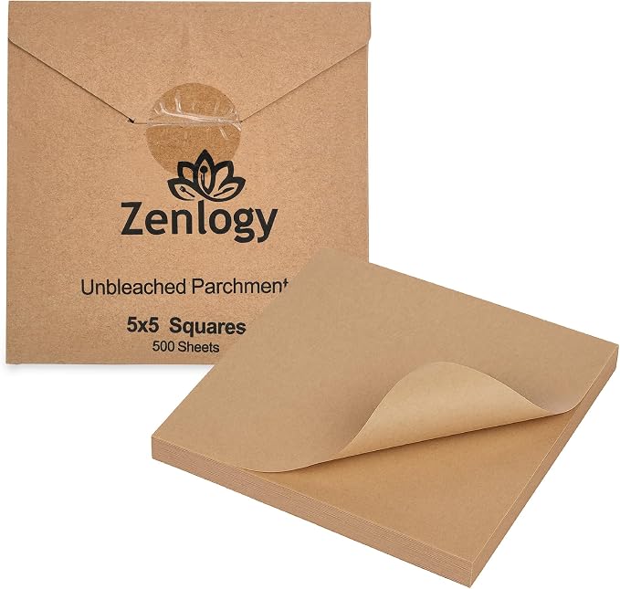 Zenlogy 5x5 Small Parchment Squares (500 sheets) - Unbleached, Non-stick, Pre-cut Parchment Paper- Ideal for Candy Wrappers, Liner Paper, Freezing and Storing, Separating, and Diamond Painting