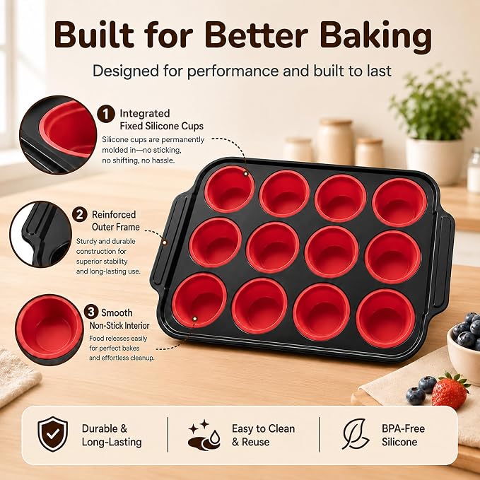 Silicone Muffin Pans for Baking with Metal Reinforced Frame, Muffin Tin Egg Bites Mold 12-Cup Regular Size, Nonstick Muffin Cups Tray Easy to Pop Cupcake Pan for Oven & Dishwasher Safe - Red