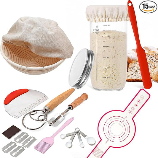 Complete Sourdough Starter Kit, Round Bread Proofing Basket Set, Premium Sourdough Bread Baking Supplies with 9 Inch Natural Rattan Banneton Basket, Liner & Bread Lame