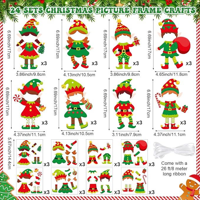 Dianelhall 24 Sets Christmas Elf Craft Kit DIY Elf Picture Frame Crafts Holiday Party Picture Frames with Xmas Dress up Sticker for Winter Christmas Classroom Holiday Party Activities