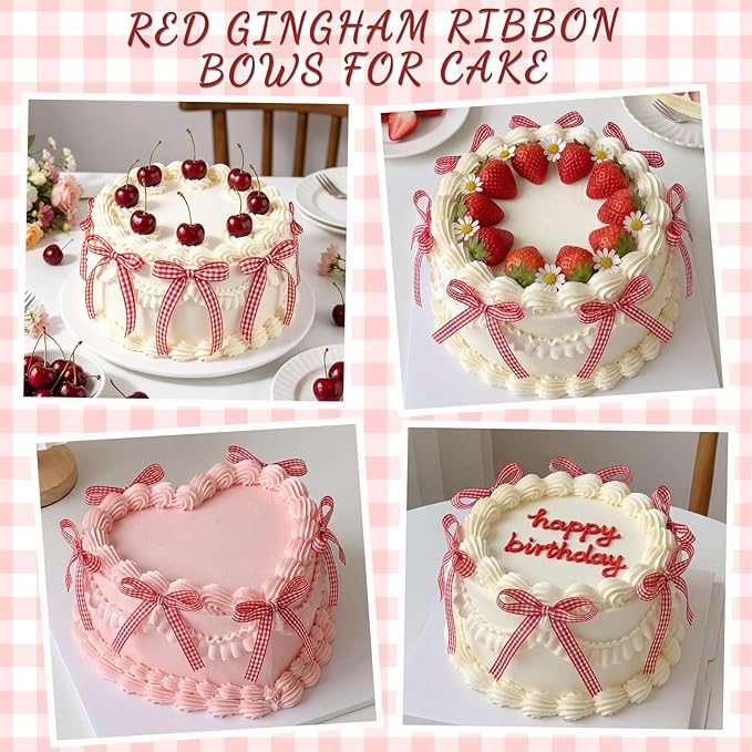 30 PCS Red Gingham Bows for Cake Ribbon Bow Cake Toppers Bow Cupcake Topper for Birthday Wedding Bachelorette Baby Shower 4th of July Decoratings Desserts and Party Food