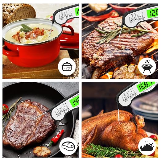 AWLKIM Digital Meat Thermometer, Instant Read Thermometer, Black | Grill, BBQ, candy and baking thermometer with backlit display, foldable probe and magnetic storage.