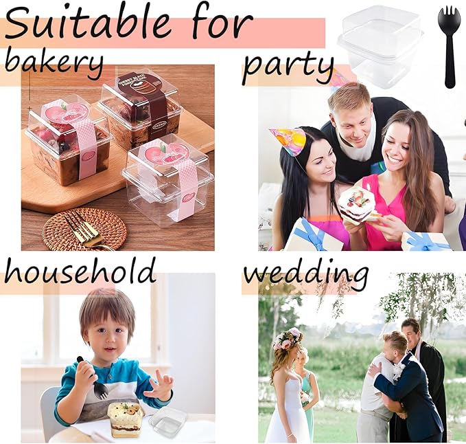 100 Pack 8OZ Plastic 50Pcs Square Dessert Cups with Lids and 50Pcs Spoons,Square Ice Cream Container with Forks, Disposable Parfait Cups for Mousse Cupcake Pudding Snacks Yogurt Parfait Fruits（50Sets）