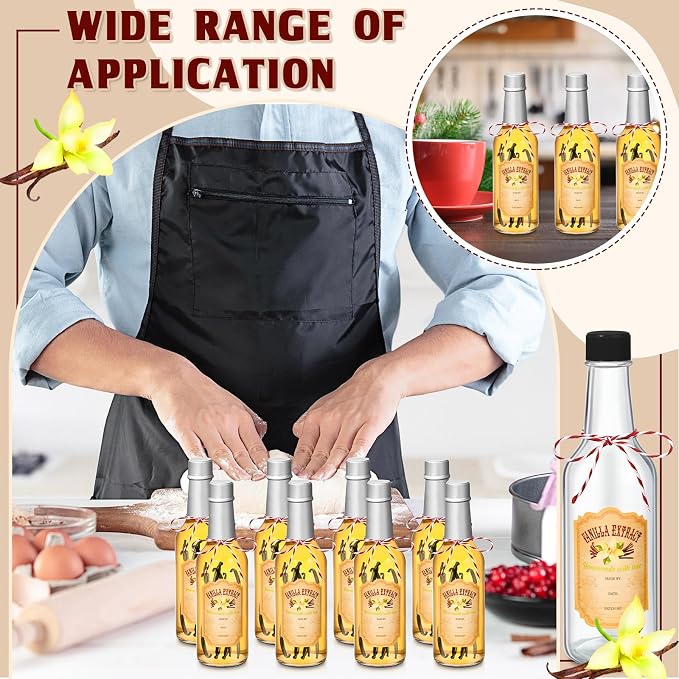 Tioncy 16 Pcs Empty Vanilla Extract Bottles for Homemade Vanilla Jar Glass Bottle with Cap, Shrink Band, Sticker DIY Crafts Wedding Gift Food Storage Canister for Bean(Silver,8.5 oz)