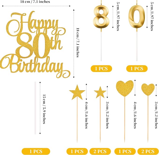 80th Birthday Cake Decorations, 80th Birthday Candles Cake Numeral Candles and Glitter Happy 80th Birthday Cake Toppers Set for Birthday Party Supplies (Gold)