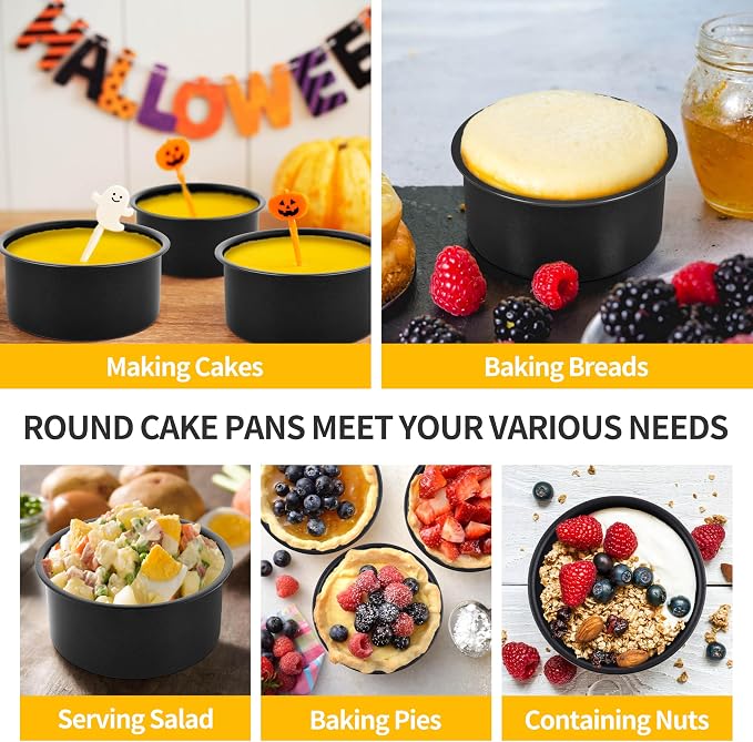 P&P CHEF Non-stick Cake Pan Set of 4, 4 Inch Round Baking Cake Pans Tins for Tier Smash Cakes, Non-Toxic & Solid, Stainless Steel Core & Leak-Proof, 4Pcs