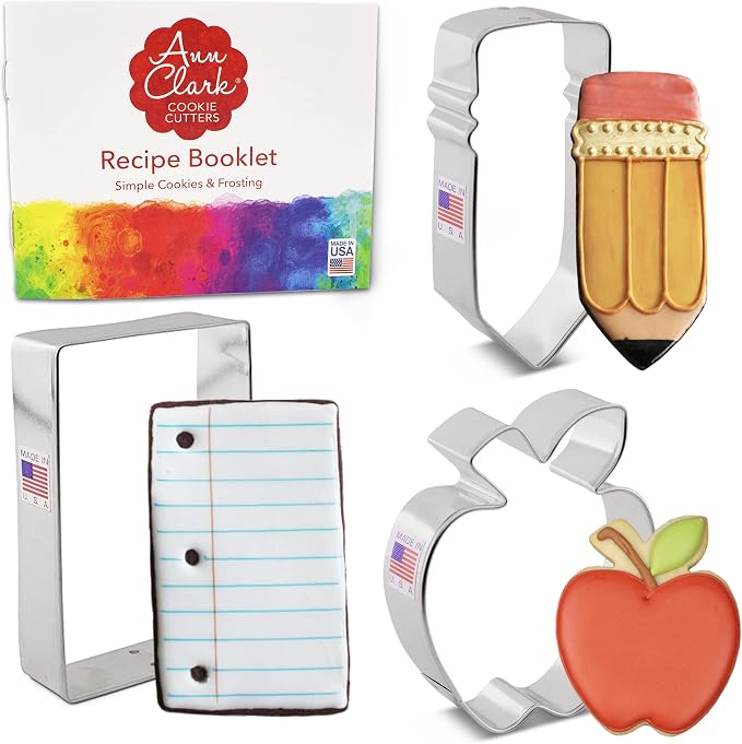 Ann Clark Cookie Cutters Back to School 3 Piece Cookie Cutter Set, 6 Pack Food Coloring Gel, and 2 Pack Royal Icing Mix Made in USA