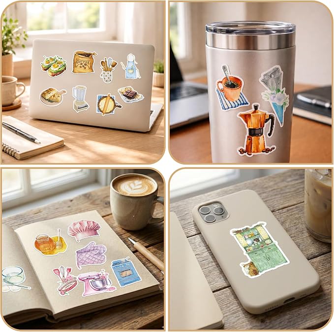 50 Pcs Bakery Stickers for Scrapbooking, Waterproof Vinyl Kitchen Tools Stickers for Laptops Water Bottles Journals, Cute Cooking Food Decals for Adults Teens Girls