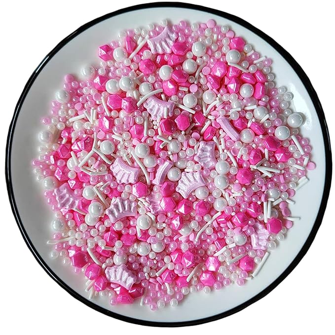 PhilaeEC Pink Princess Sprinkle Crown Pearl Mix Candy Edible Princess Theme Party Cake Decoration Baking Cookie Cupcake Toppers Valentines Halloween Christmas Supplies 3.53oz