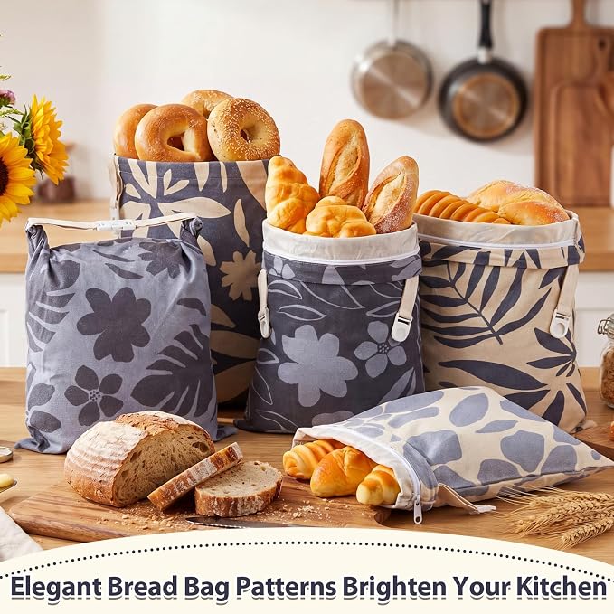 Hsei 5 Pack Beeswax Bread Bags for Sourdough & Homemade Bread 17 x 13'' XL Reusable Organic Linen Wraps with Sealing Zip for Fresh Food Storage Loaf Fresh Freezer Baker Gift (Blue Flower)