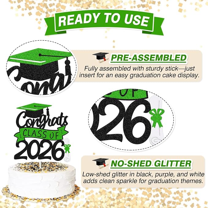 Congrats Class of 2026 Cake Topper Congrats Grad Cap Diploma We Are Proud of You Theme for College Happy Graduation Party Supplies High School Graduate Decoration (Black and Green)