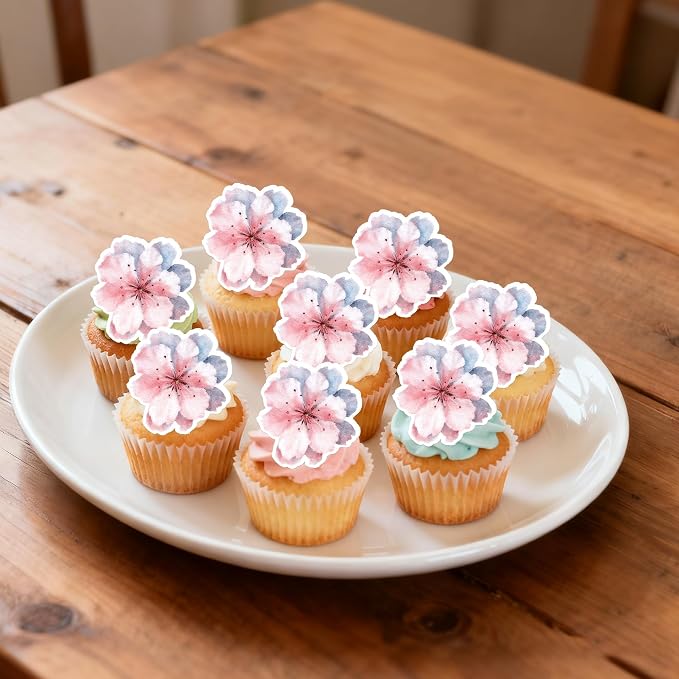 60 PCS Edible Cherry Blossoms Cake Decorations Wafer Paper Cherry Blossoms Cupcake Toppers Edible Flowers Cake Toppers for Baby Shower Kids Birthday Party Cupcake Food Decorations Supplies Pink