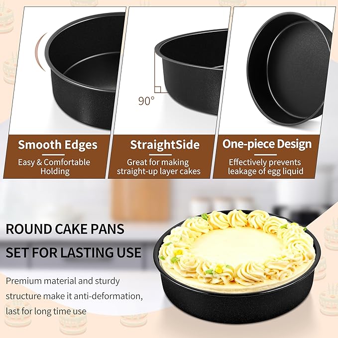 P&P CHEF 7 Inch Cake Pan Set of 3, Non-Stick Round Cake Pans Tins for Tier Smash Cakes, Baking Pans Set & Essential Bakeware, Stainless Steel Core & Leak-Proof