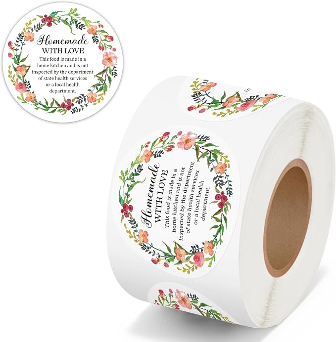 PANTIDE 500 Count Watercolor Flower Cottage Food Law Labels Sticker | Homemade with Love, Adhesive Round Decal Roll, Made in A Home Kitchen Inspection Statement, for Food Packaging, 2 x 2 Inch