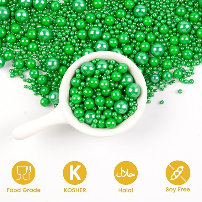 Deep Green Sugar Pearl Sprinkles, Edible Sugar Pearls for Cake Decorating, Baking Cake Decorations, Cupcake Toppers, 180g/6.35oz, Mix Size, Easter Party Holiday Supplies