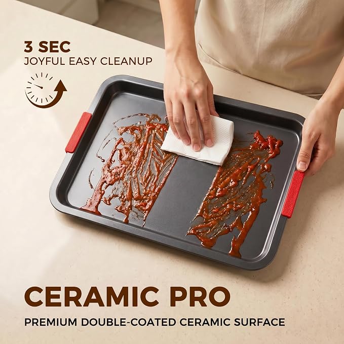 Kikcoin Nonstick Cookie Sheets for Baking Set of 3, Carbon Steel Sheet Pans with Lychee Silicone Handles, 2X Thick Ceramic Coating PFOA-Free, Small Medium Large Stackable Baking Pans for Oven, Grey