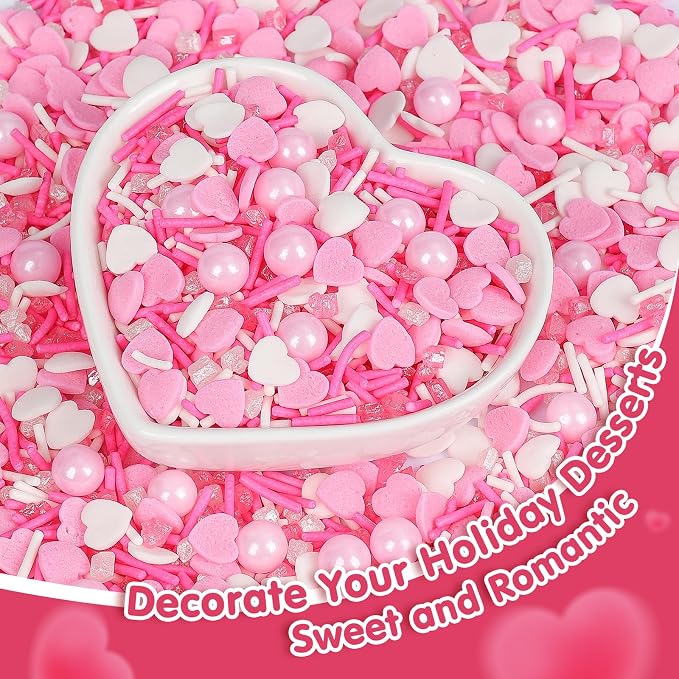 Edible Heart Sprinkles,Pink White Sprinkles -130g,Edible Heart Shaped Sprinkle,Pearl,Jimmies and Sugar Crystals Mix for Baking,Light Pink Cupcake Toppers,Cake,Candy,Cookie Decorations,Donuts Ice Cream Dessert Decorating,Wedding Birthday Party Supplies