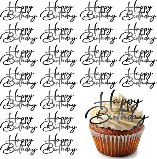 Weysat 30 Pcs Black Mirror Acrylic Cupcake Toppers Happy Birthday Cake Decorations for Birthday Party Cupcake Toppers