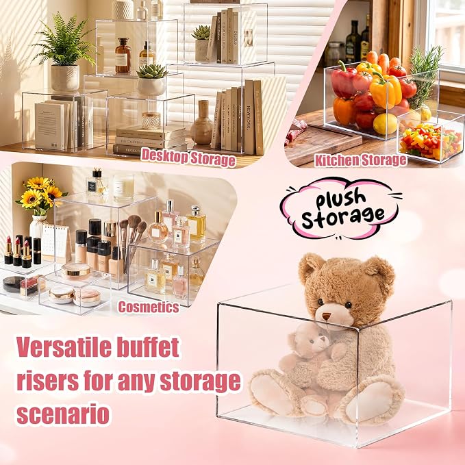 6 Pcs Acrylic Buffet Risers, Clear Stackable Food Display Stand, Nesting Cube Box with Hollow Bottom, Food Risers for Buffet Table Dessert Jewelry Catering(8'' 7'' 6'' 5'' 4'' 4'')