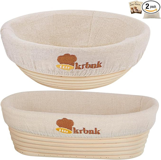 Banneton Bread Proofing Basket, Proofing Basket for Sourdough Bread Baking, Indonesian Rattan Bread Bowl Sourdough Bread Baking Supplies with Linen Liner (9" Round + 10" Oval)