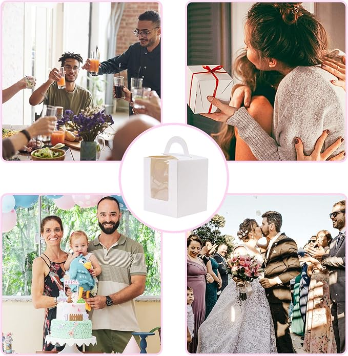 KEYIDO 30 Pcs Individual Cupcake Boxes White Single Cupcake Boxes 1 Hole Cake Box with Clear Window Inserts and 2 Sheets of Stickers for Wedding Birthday Party Favors