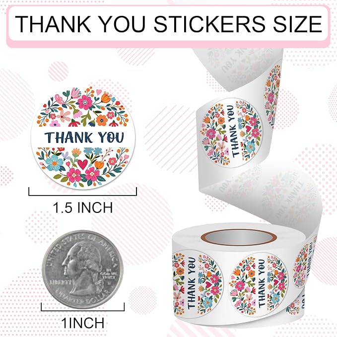 Louise Maelys 1.5Inch Thank You Stickers Roll 500Pcs Floral Pattern Labels | Waterproof Flower Thank You Stickers For Small Business, Easy Peel, Envelope , Gift Packaging, Party Favors Handmade Sellers