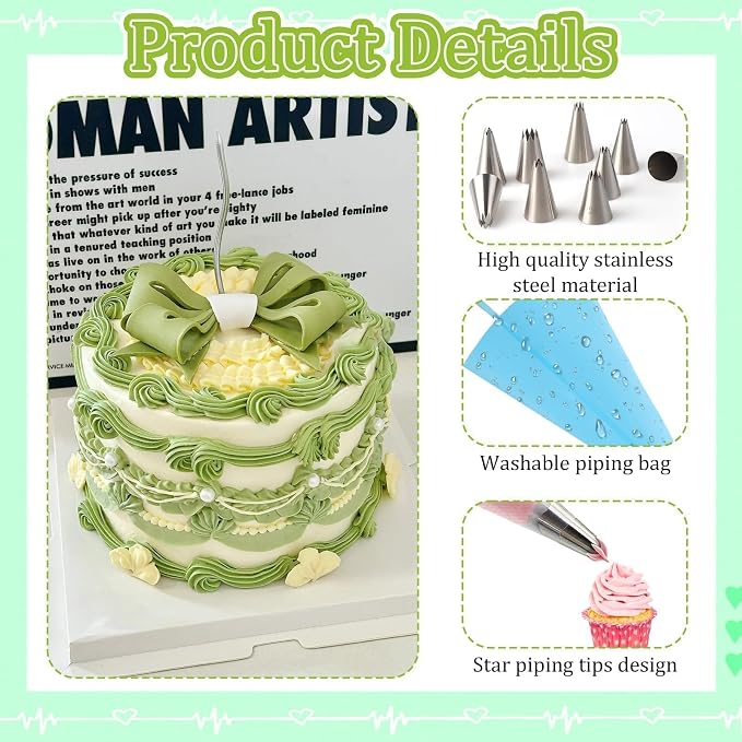 63Pcs Star Piping Tip with Pastry Bags, Stainless Steel Star Frosting Tip | Small Piping Tips, Stainless Steel, Disposable & Reusable Pastry Bags, Silicone Ties