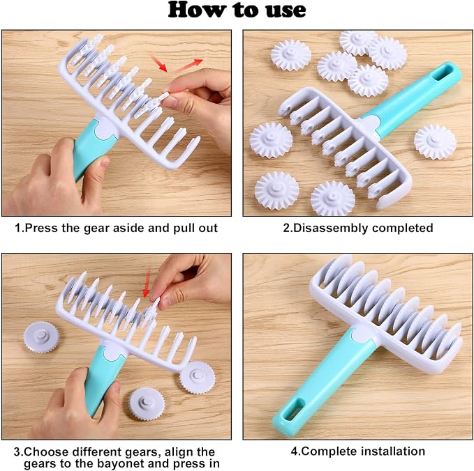 Boao Fondant Ribbon Cutter Wheel Roller Mold Dough Lattice Cutter 4 Different Gears Embosser Set Noodle Dough Roller Pastry Tools for Pie Baking