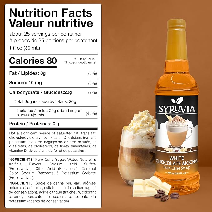 Syruvia Coffee Syrup, White Chocolate Mocha Flavored Syrup for Drinks, Lattes, and Desserts – 25.4 fl oz - with Pump