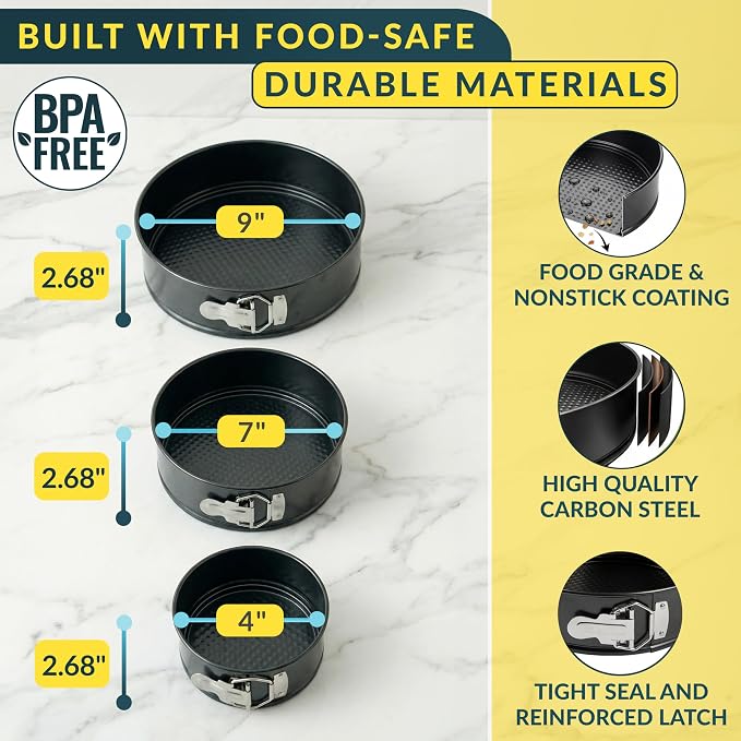Springform Pan Set of 3 - 4,7,9" Carbon Steel With Removable Bottom – Leakproof Design, Nonstick Coating Cheesecake Pan – Durable Cake Mold With Secure Latch, Even Heat Cheese Cake Pans For Baking