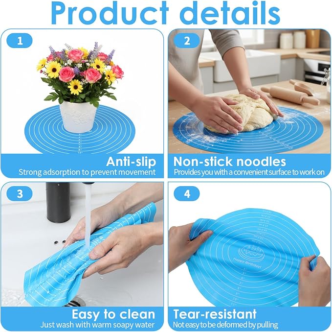 2 Pcs Silicone Cake Mat, 12 Inch Round Silicone Baking Mat with Measurements Pink Blue Turntable Pastry Mats Non-Stick Heat Resistant Reusable Cookie Pad for Rolling Dough Pizza Pan