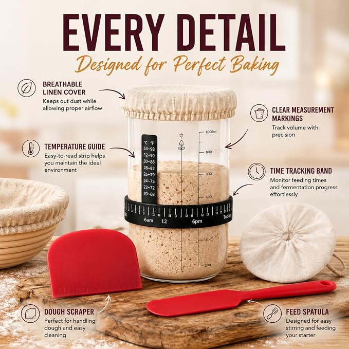 Sourdough Starter Kit, 62-Piece – 9" Round & 10" Oval Banneton Proofing Baskets, Linen Liners, Bread Lame, Dough Whisk, Scrapers, Starter Jar, Cooling Rack and Bread Bags
