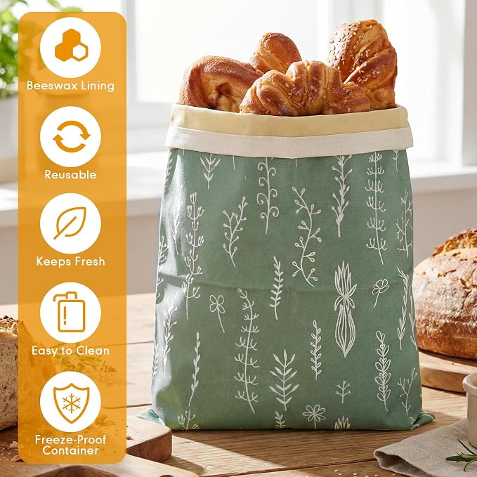 2 Pcs XL Beeswax Bread Bags for Sourdough Reusable 13” x 17” Large Bread Bags with Improved Beeswax Coating Food Wraps for Mother's Day Homemade Loaf Fresh Freezer(Flowers)