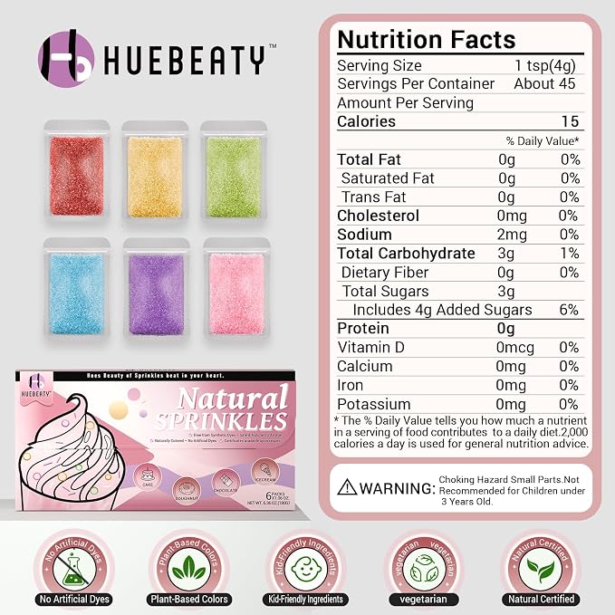 HUEBEATY 6-in-1 Dye Free Sprinkles for Baking – 180g Rainbow Sanding Sugar Sprinkles, Natural Colored Sugar Crystals, No Artificial Dyes Red Green Yellow Blue Purple Pink for Cake Decorating, Cookies & Cupcakes
