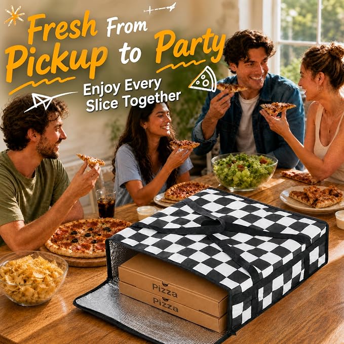 Checkered Pizza Bags for delivery, Black White Checkerboard Insulated Pizza Delivery Bag, Pizza Warmer Bag Pizza Carrier for Food Delivery Bag 20’’x20’’x6’’
