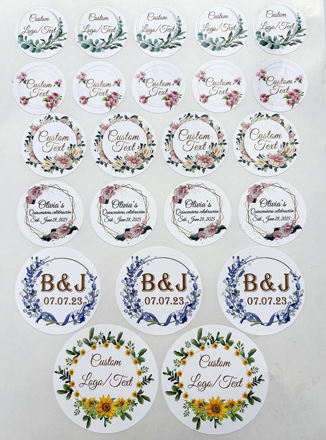 Custom Stickers for Weddings, Birthdays & Businesses - Personalized Labels with Your Logo - Waterproof, Fade and Heat Resistant - Pack of 100-1000 (Wreath E, 1.5 Inch)