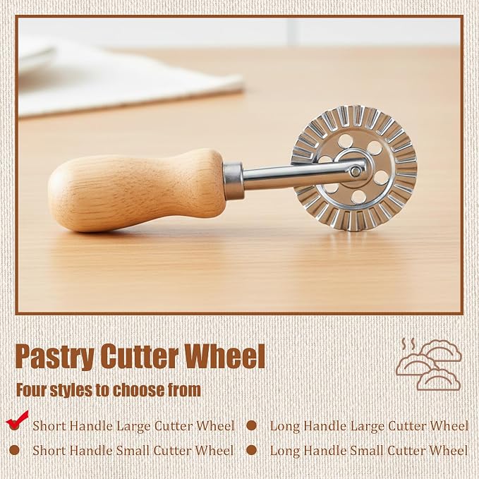 Short Handle Large Cutter Wheel - Exquisite Wooden Handle, Perfect for Pasta, Pizza, Ravioli, Cookie - Versatile Crinkle and Biscuit Cutter for Effortless Slicing