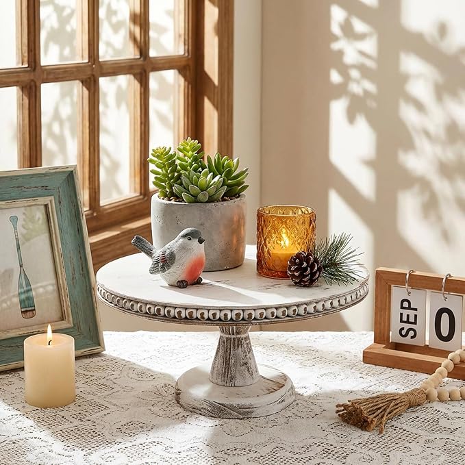 Peohud 12 Inch White Wood Cake Stand, Round Cupcake Pedestal Stand with Beads, Distressed Dessert Display Riser Tray for Wedding Birthday Christmas Party Table Decor