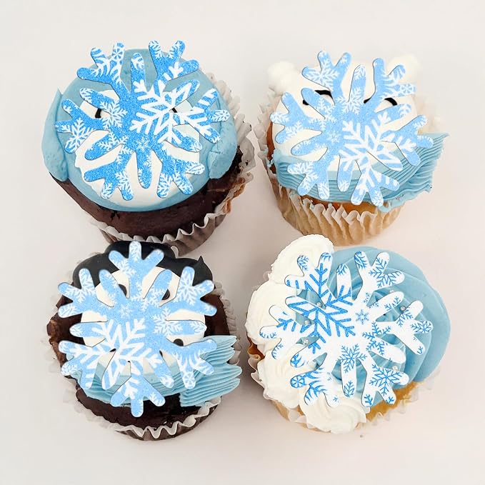 Gyufise 50Pcs Edible Snowflake Cupcake Cake Toppers Wafer Paper Snowflake Cake Decorations for Christmas Winter Frozen Theme Party Supply Decoration Multi Blue