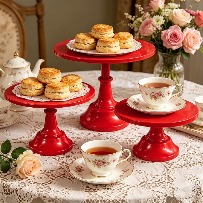 3 Pcs Cake Stand Set Metal Round Cake Holder Cupcake Stands 8/10/12 inch Red Dessert Display Stands Dessert Table Decorations for Birthday Parties, Baby Shower,Wedding Banquets and Anniversary