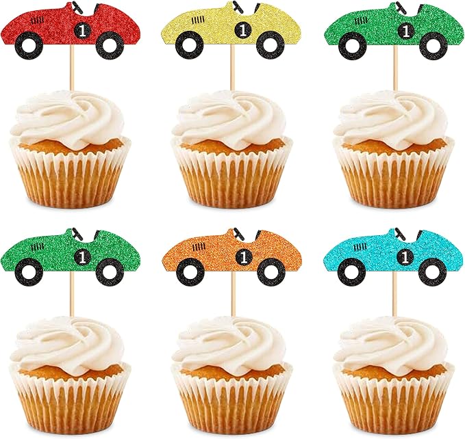 Ercadio 25 Pcs Colorful Race Cars Cupcake Toppers Cute Race Cars Cupake Picks for Racing Car Baby Shower Kids Funny Birthday Party Decoration Supplies