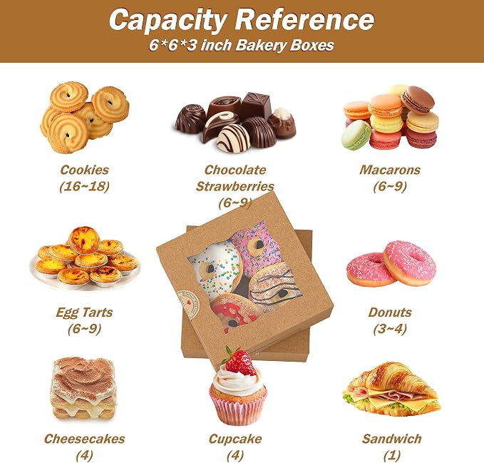 50Pcs 6x6x3 Inch Cookie Boxes With Window Boxes for Baked Goods | Brown,Food Grade Kraft,Bakery Boxes for Cookies Donuts,with Stickers and Twine,Dessert Boxes for Treats Gift Giving Party