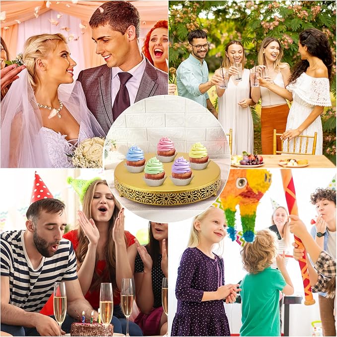 Wenqik 14 Inch Cake Stand, Metal Round Cake Stands Set with Modern Design White Dessert Display Cupcake Stands Plates Fruit Serving Tray for Wedding Birthday Baby Shower Party (Gold)