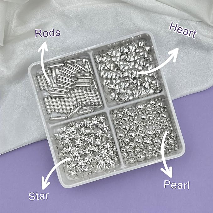 Silver Sprinkles with 4-Claw Pick up Tool,Pearl Sugar Mix Size 6.5oz Contains Metallic Rod & Star Sprinkles for Cake Decorations Baking Cupcake Toppers Cookie Decorating