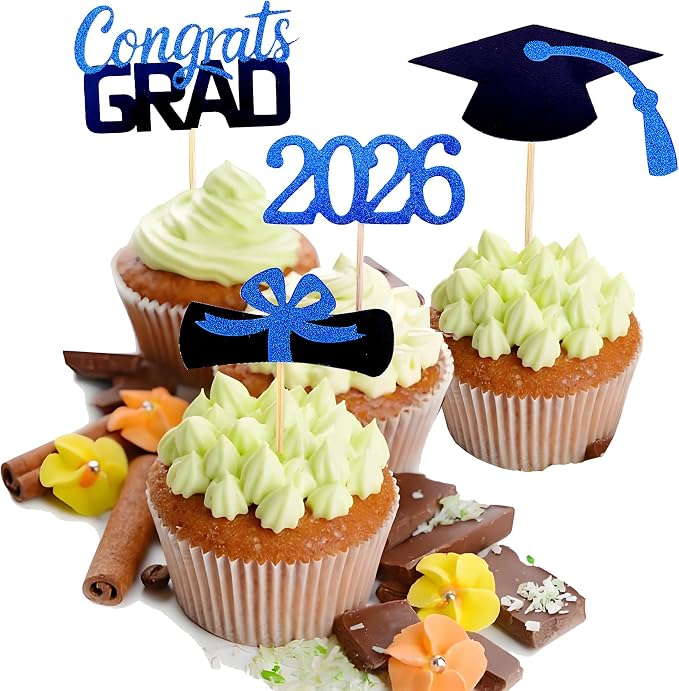 YuBoBo 2026 Graduation Cupcake Toppers, 48 PCS Food/Appetizer Picks For Graduation Party Mini Cake Decorations, Diploma, 2026, Grad Cap Set 48 Pieces (02 Blue)